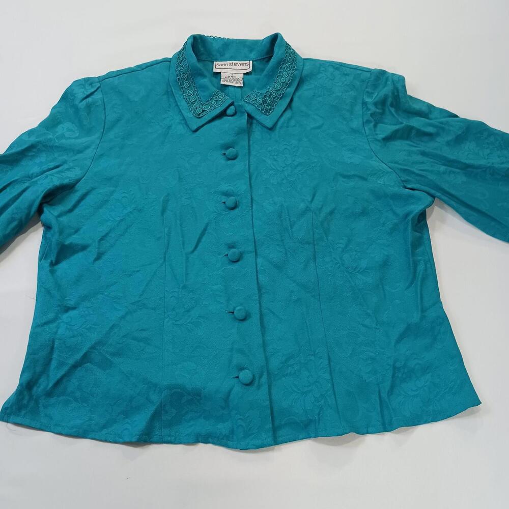Karin Stevens Women's Turquoise Open Back Front Button Blazer Jacket Size 8 - Picture 12 of 16